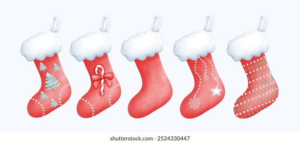 Hand drawn watercolor Christmas stocking, perfect for holiday decor and gifts. Ideal for festive projects, greeting cards, and seasonal designs. Cute and cozy winter artwork for a joyful Christmas.