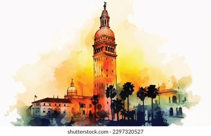 Hand drawn watercolor cityscape of Istanbul, Turkey. Freehand picture of a famous turkish landmark The Galata Tower in bright brown and orange colors.