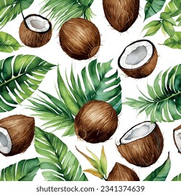 Hand drawn watercolor coco painting on white background. Fruit vector illustration. Pattern watercolor fruit.