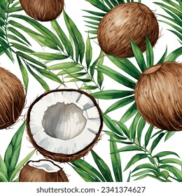 Hand drawn watercolor coconut painting on white background. Fruit vector illustration. Pattern watercolor fruit.