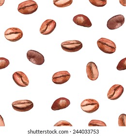 Hand Drawn Watercolor Coffee Seamless Background.