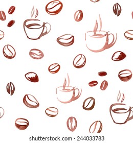 Hand drawn watercolor coffee seamless background.