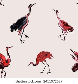 Hand drawn watercolor colorful seamless vector pattern with Japanese or Chinese crane birds on pink background.