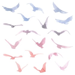 Hand Drawn Watercolor Colorful Silhouettes Of Birds. Pink, Orange, Violet And Blue Colors. Vector Traced Set.