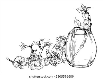Hand drawn watercolor composition with apple flowers on branch with leaves and glass bottle. Isolated on white background. Design for wall art, wedding, print, fabric, cover, card, invitation.