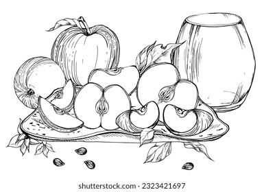Hand drawn watercolor composition with apple fruits in basket, with branch and leaves, ripe, full and slices. Isolated on white background. Design for wall art, wedding, print, fabric, cover, card.