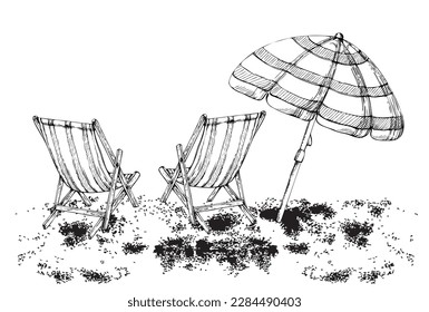 Hand drawn watercolor composition. Striped beach accessories, umbrellas and chairs. Isolated on white background. Design wall art, wedding, print, fabric, cover, card, tourism, travel booklet.
