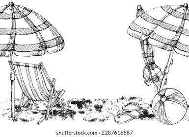 Hand drawn watercolor composition. Striped beach accessories, umbrellas on sand. Isolated on white background. Design wall art, wedding, print, fabric, cover, card, tourism, travel booklet.