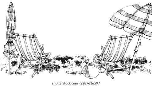 Hand drawn watercolor composition. Striped beach accessories, umbrellas on sand. Isolated on white background. Design wall art, wedding, print, fabric, cover, card, tourism, travel booklet.