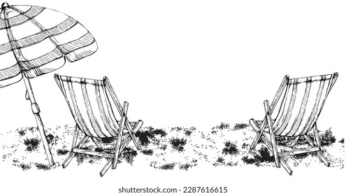 Hand drawn watercolor composition. Striped beach accessories, umbrellas on sand. Isolated on white background. Design wall art, wedding, print, fabric, cover, card, tourism, travel booklet.