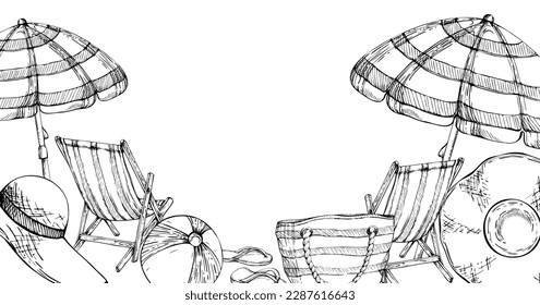 Hand drawn watercolor composition. Striped beach accessories, umbrellas on sand. Isolated on white background. Design wall art, wedding, print, fabric, cover, card, tourism, travel booklet.