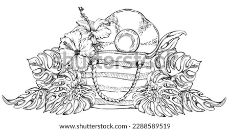 Hand drawn watercolor composition. Striped beach accessories, umbrellas on sand. Isolated on white background. Design wall art, wedding, print, fabric, cover, card, tourism, travel booklet.