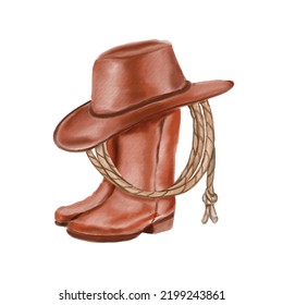 Hand Drawn Watercolor Cowboy Hat, Rope And Boot. Vector