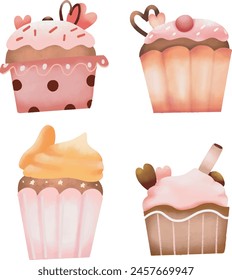 Ilustración aislada dibujada a mano de los cupcakes de la acuarela sobre fondo blanco. Conjunto de cupcakes de acuarela dibujado a mano. Juego de acuarela de pasteles de taza.