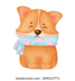 Hand drawn watercolor with cute corgi dog