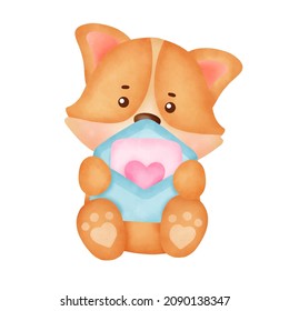 Hand drawn watercolor with cute corgi dog