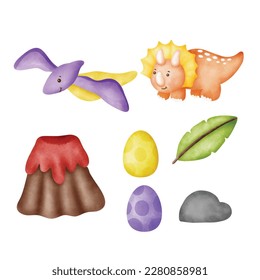 Hand drawn watercolor cute dinosaur set .