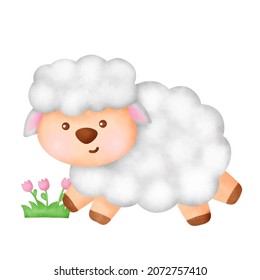 Hand drawn watercolor cute sheep character.