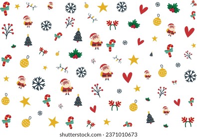 Hand drawn watercolor decorative Christmas holiday seamless pattern with traditional elements and symbols on white background. Vintage greeting paper and fabric Illustration