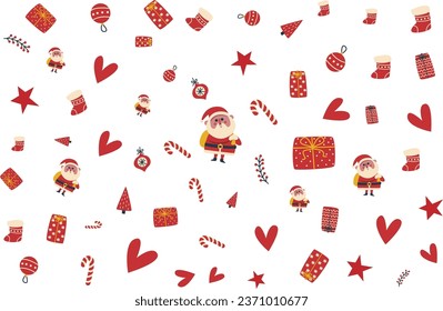 Hand drawn watercolor decorative Christmas holiday seamless pattern with traditional elements and symbols on white background. Vintage greeting paper and fabric Illustration