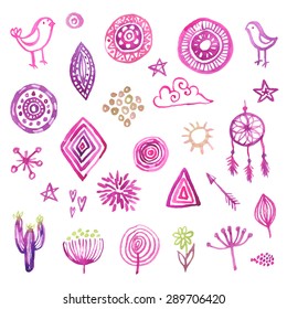 Hand drawn watercolor design elements set for your design