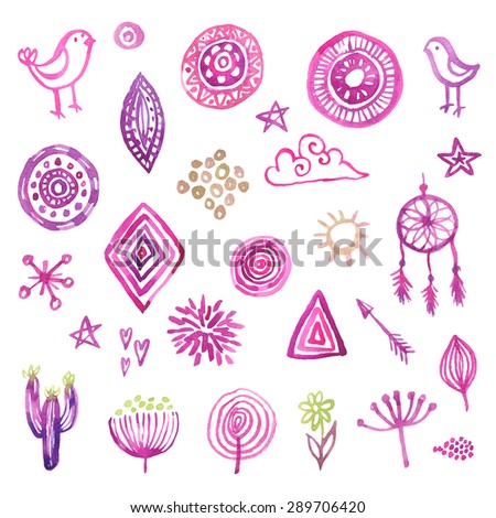 Hand drawn watercolor design elements set for your design