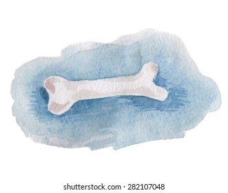 Hand Drawn watercolor dog food - white bone on a blue background. Vector illustration EPS 10.