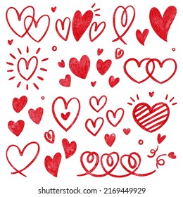 Hand drawn watercolor doodle set of red hearts for decorating beautiful cards, wedding and Valentine’s Day