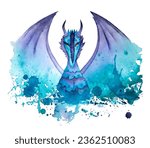 Hand drawn watercolor dragon. Purple and blue watercolor dragon illustration. Year of dragon.