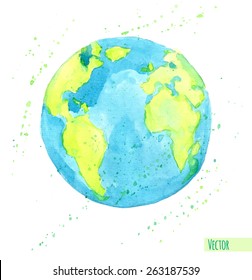 Hand drawn watercolor Earth, isolated vector illustration.
