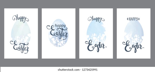 Hand drawn watercolor easter eggs with flowers and lettering, cards set, universal, classic design isolated