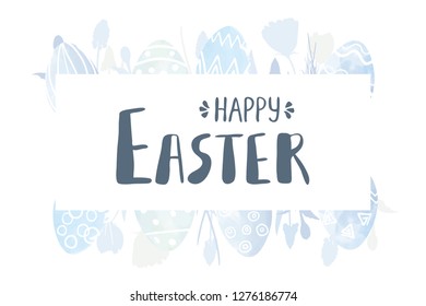 Hand drawn watercolor easter eggs, flowers and lettering universal, classic design isolated