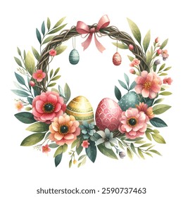 hand drawn watercolor Easter Wreath with flowers, eggs, and leaves on a white background 