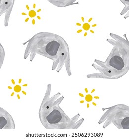 hand drawn watercolor elephant with yellow sun on a white background, kids seamless pattern for fabric and wrapping paper