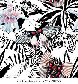 Hand drawn watercolor exotic butterfly, tropic orchid flower on a black and white background of plant leaf. Trendy floral with animal graphic seamless vector pattern wallpaper