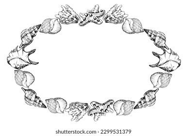 Hand drawn watercolor exotic sea shells and colorful glass, starfish. Circle wreath frame. Isolated on white background. Design wall art, wedding, print, fabric, cover, card, tourism, travel booklet.