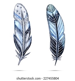 hand drawn watercolor feather blue colors set, vector illustration