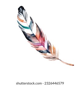 Hand drawn watercolor feather isolated on white background, vector.