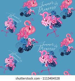 Hand drawn watercolor flamingo pattern. Seamless background with pink flamingo with crown - tropic princess. Fashion decoration with exotic birds and tropical monstera leaves, flowers on blue backdrop