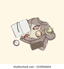 Hand drawn watercolor flat lay with sweater, open notebook, cappuccino, matcha latte, candle, fallen leaves, chocolate bar. Cozy composition. 
