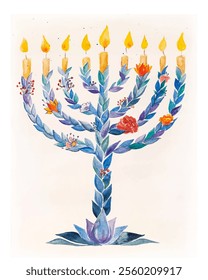 Hand drawn watercolor floral Chanukia (Hanukiah) - traditional jewish candleholder - with nine burning candles. Blue leaves, orange, pink flowers. Happy Hanukkah (Chanuka), Jewish Holiday of Light!