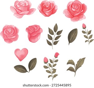 Hand drawn watercolor floral elements set featuring pink roses, botanical leaves, and romantic heart shapes. Soft pastel style with elegant hand painted details. Perfect for Valentine’s Day designs, wedding invitations, greeting cards, love quotes, social media posts, branding, posters, and romantic stationery. Original handmade watercolor illustration, not generated by AI.