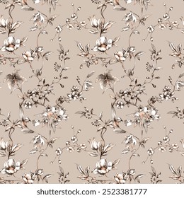 Hand drawn watercolor floral pattern with black and white rosehip on craft paper background
