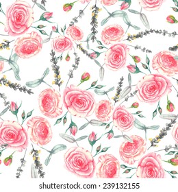 Hand drawn watercolor floral seamless pattern with tender pink roses in vector on the white background