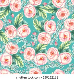 Hand drawn watercolor floral seamless pattern with tender pink roses and other flowers in vector on the blue  background