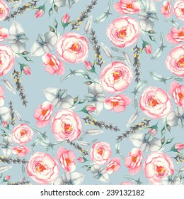 Hand drawn watercolor floral seamless pattern with tender pink roses in vector on the light blue background