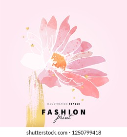 Hand drawn watercolor flower vector illustration. Nature floral sketch with gold elements for modern fashion print.