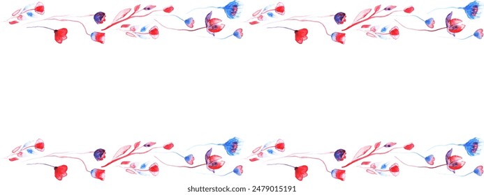 Hand drawn watercolor flowers borders. Pink and blue flowers drawing. Floral decorative card with empty space.