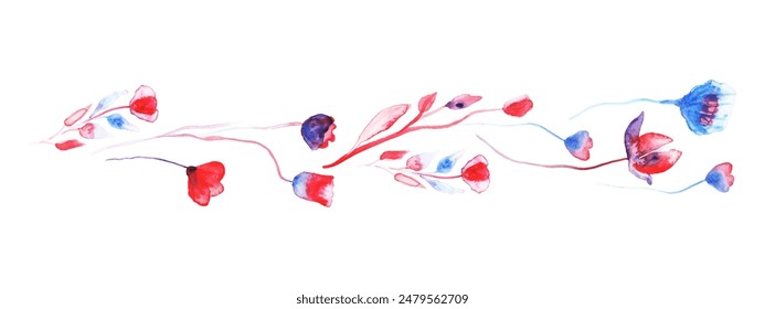 Hand drawn watercolor flowers and branch plant isolated on white background. Pink and blue flowers drawing. Floral decorative border.