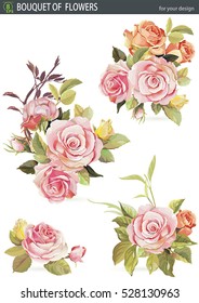 Hand drawn watercolor flowers set Bouquet of roses. Beautiful Realistic vector elements. No transparency and shadows, eps8